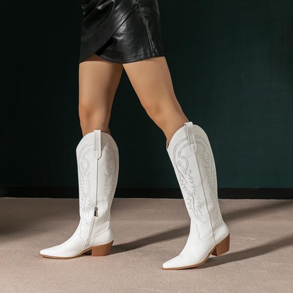 Amoji Womens White pu knee High Western Cowboy Pull On Pointed Toe Cowgirl Boots - Picture 3 of 7